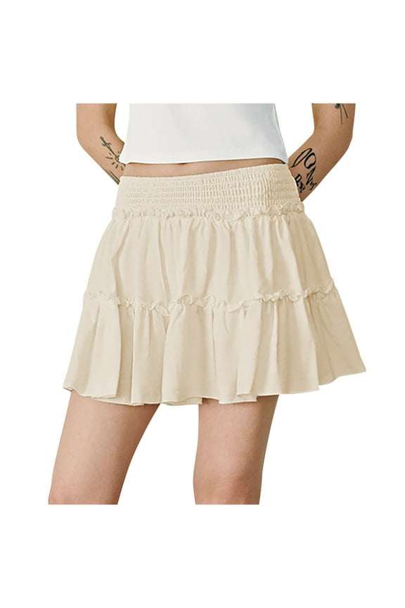 Flowy Mini Skirts for Women Fashion Casual Tiered A-Line Ruffle Swing Short Skirt Summer Solid Pleated Elastic High Waist Party Dance Short Skirts