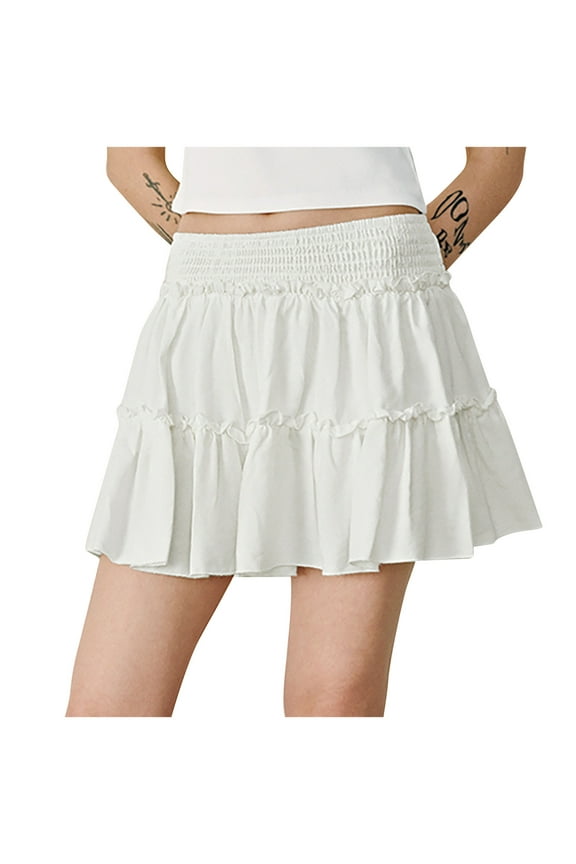 Flowy Mini Skirts for Women Fashion Casual Tiered A-Line Ruffle Swing Short Skirt Summer Solid Pleated Elastic High Waist Party Dance Short Skirts