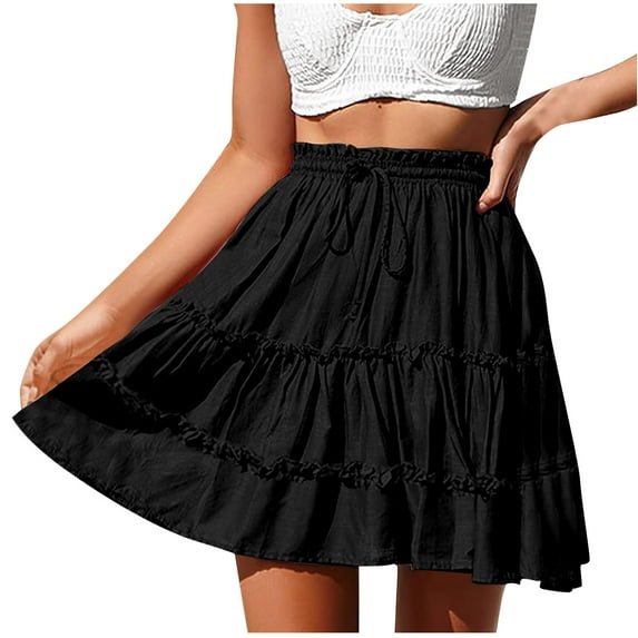 Ohufall Flowy Mini Skirts for Women Plus Size Summer Solid Casual Tiered A-Line Ruffle Swing Beach Short Skirt Fashion Pleated Drawstring Elastic High Waist Short Skirts