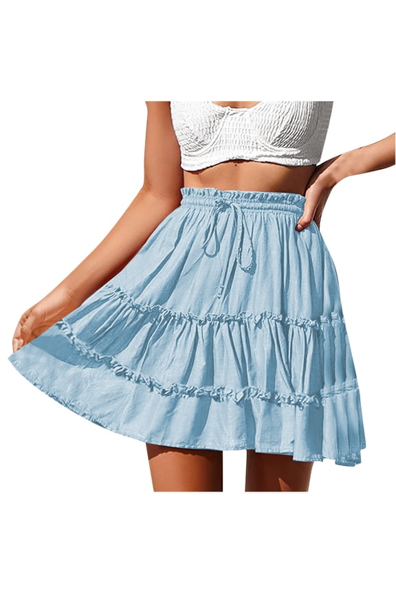 Flowy Mini Skirts for Women Plus Size Summer Solid Casual Tiered A-Line Ruffle Swing Beach Short Skirt Fashion Pleated Drawstring Elastic High Waist Short Skirts