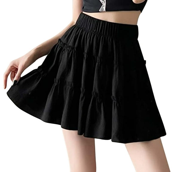Ohufall Flowy Skirts for Women Summer Solid Tiered A-Line Ruffle Swing Short Skirt Fashion Sexy Casual Elastic High Waist Pleated Mini Skirt