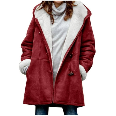 Ohufall For Women Fashion Womens Warm Faux Coat Jacket Winter Button Solid Long Sleeve Outerwear Clearance