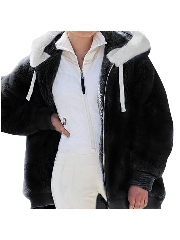 For Women Plus Size Winter Warm Loose Plush Zip Hooded Jacket Coat Clearance