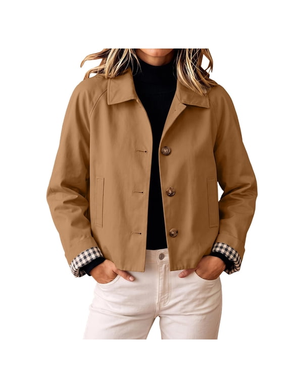 French Style Jacket for Women Short Windbreaker Loose Jacket Turndown Collar Button Plaid Cuffs Casual Outerwear