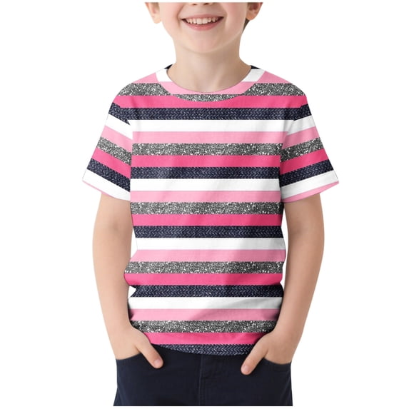 Ohufall Girls & Boys Summer New T-shirts Fashion Casual Stripe Printed Short Sleeve Shirts Loose Fit Breathable Round Neck Outdoor Sport Tee Tops for Kids, 2-13 Years