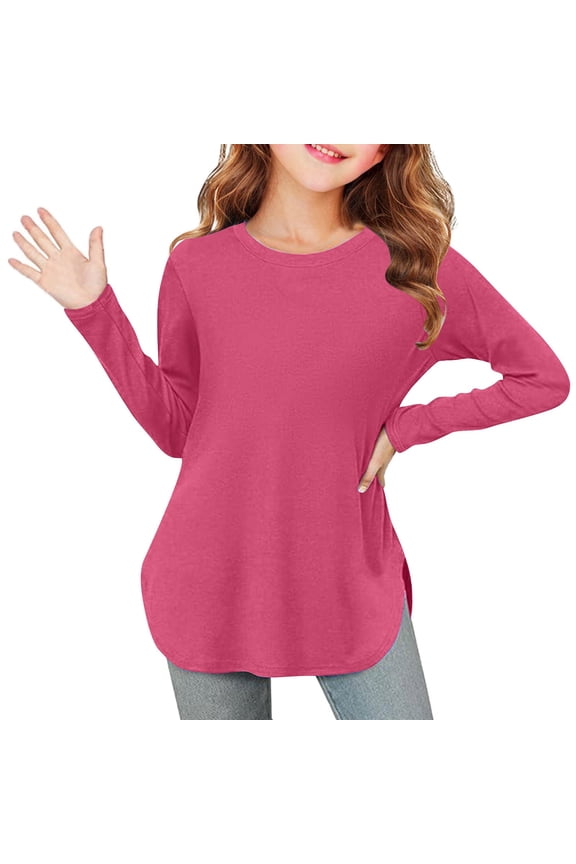 Girls Long Sleeve T-Shirts 3-12 Years, Kids Solid Casual Curve Hem Side Slit Tunic Tops Loose Comfy Crew Neck Pullover Blouses for Little Girls
