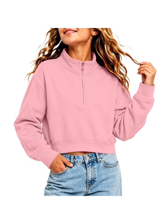 Girls Quarter Zip Cropped Sweatshirt Cute Trendy Long Sleeve Pullover Tops Lightweight Plain Versatile Casual Kids Sweatshirt