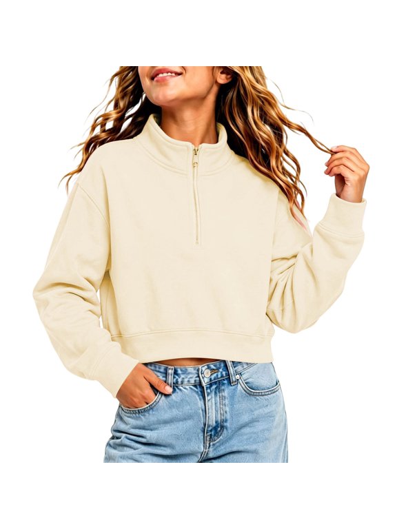 Girls Quarter Zip Cropped Sweatshirt Cute Trendy Long Sleeve Pullover Tops Lightweight Plain Versatile Casual Kids Sweatshirt