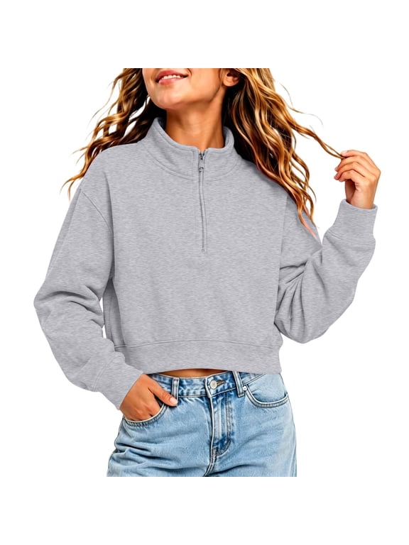 Girls Quarter Zip Cropped Sweatshirt Cute Trendy Long Sleeve Pullover Tops Lightweight Plain Versatile Casual Kids Sweatshirt