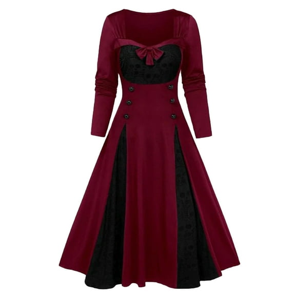 Ohufall Halloween Costumes for Women Plus Size Flowy A-line Skull Printed Gothic Witch Medieval Long Dress Fashion Retro Long Sleeve Split Hem Renaissance Dresses