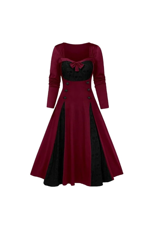 Halloween Costumes for Women Plus Size Flowy A-line Skull Printed Gothic Witch Medieval Long Dress Fashion Retro Long Sleeve Split Hem Renaissance Dresses