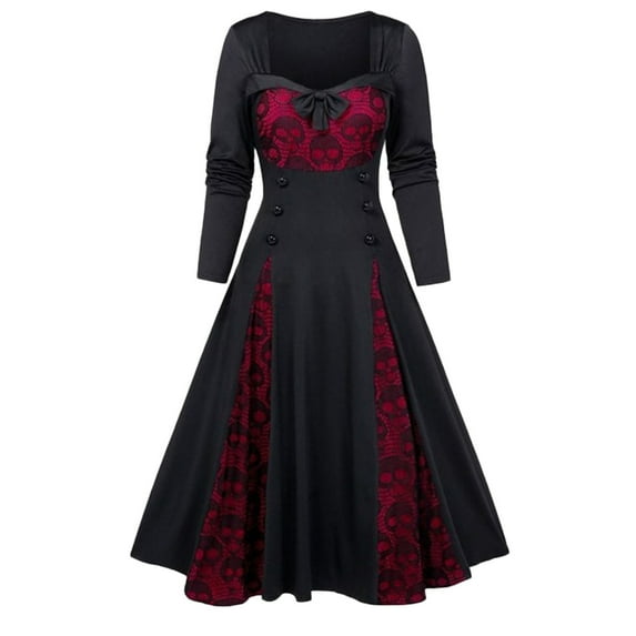 Ohufall Halloween Costumes for Women Plus Size Flowy A-line Skull Printed Gothic Witch Medieval Long Dress Fashion Retro Long Sleeve Split Hem Renaissance Dresses