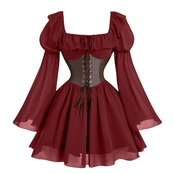 Ohufall Halloween Mini Dresses for Women Fashion Vintage Square Neck Flared Sleeve A-Line Gothic Medieval Dress Womens Chiffon Lace-Up Shaping Victorian Renaissance Dresses