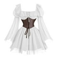 thumbnail image 1 of Ohufall Halloween Mini Dresses for Women Fashion Vintage Square Neck Flared Sleeve A-Line Gothic Medieval Dress Womens Chiffon Lace-Up Shaping Victorian Renaissance Dresses, 1 of 3