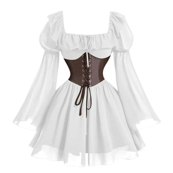 Ohufall Halloween Mini Dresses for Women Fashion Vintage Square Neck Flared Sleeve A-Line Gothic Medieval Dress Womens Chiffon Lace-Up Shaping Victorian Renaissance Dresses