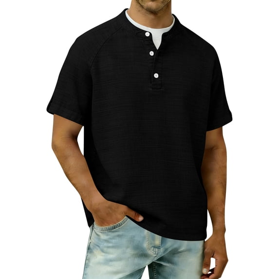 Ohufall Henry Men T Shirts Cotton Linen Button Lightweight Tops Comfort Solid Color Casual T-Shirts