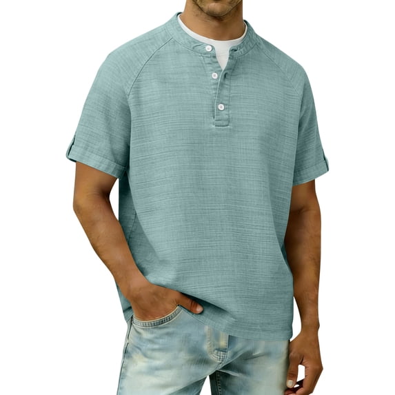 Ohufall Henry Men T Shirts Cotton Linen Button Lightweight Tops Comfort Solid Color Casual T-Shirts
