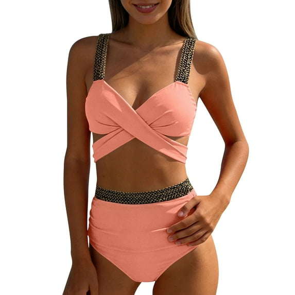 Ohufall High Waisted Bikini Sets for Women Front Ruched 2 Piece Bathing Suits Tummy Control Swimsuit