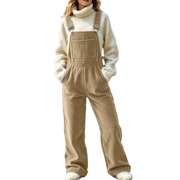 Ohufall Jumpsuits for Women Adjustable Strap Wide Leg Solid Color Overalls with Pockets Vintage Corduroy Fall Winter Jumpsuit