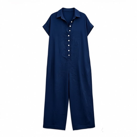 Ohufall Jumpsuits for Women V Neck Button Short Sleeve Pants Loose Wide Leg Comfort Fashion Casual Jumpsuit