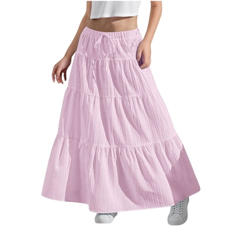 Ohufall Kids Flowy Skirts for Girls 4-15 Years, Summer Solid A-Line Ruffle Swing Tiered Pleated Long Skirt Fashion Casual Drawstring Elastic High Waist Boho Maxi Skirt