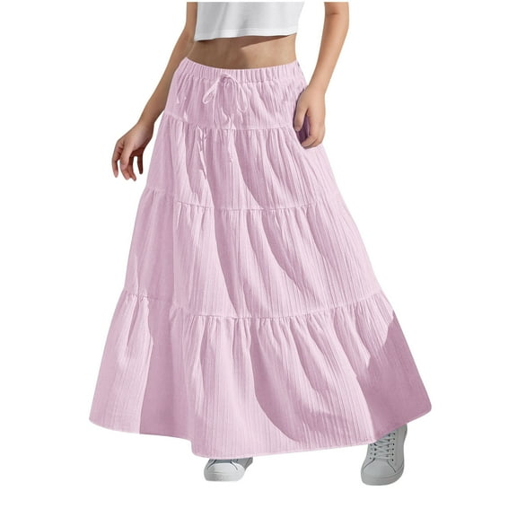 Ohufall Kids Flowy Skirts for Girls 4-15 Years, Summer Solid A-Line Ruffle Swing Tiered Pleated Long Skirt Fashion Casual Drawstring Elastic High Waist Boho Maxi Skirt