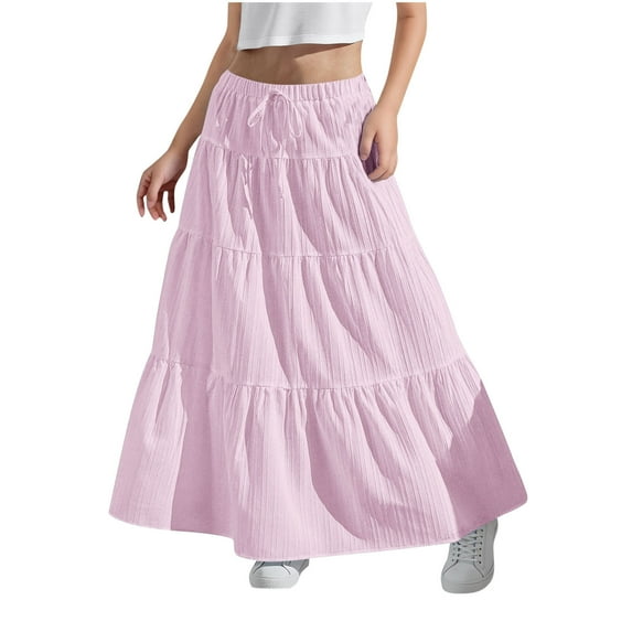 Ohufall Kids Flowy Skirts for Girls 4-15 Years, Summer Solid A-Line Ruffle Swing Tiered Pleated Long Skirt Fashion Casual Drawstring Elastic High Waist Boho Maxi Skirt