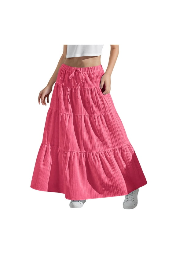 Kids Flowy Skirts for Girls 4-15 Years, Summer Solid A-Line Ruffle Swing Tiered Pleated Long Skirt Fashion Casual Drawstring Elastic High Waist Boho Maxi Skirt