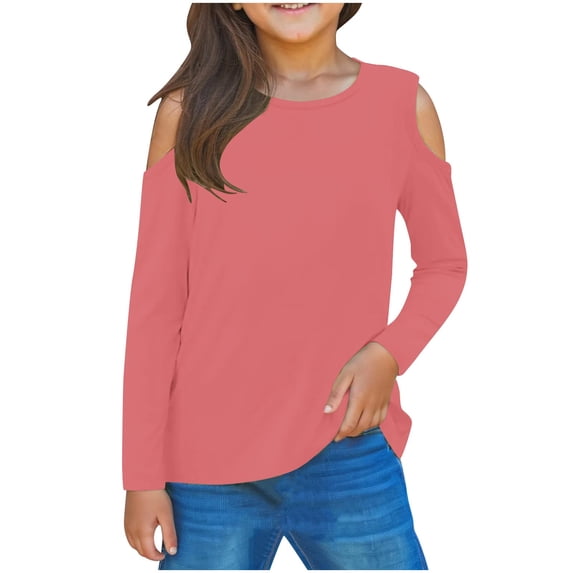 Ohufall Kids Girls Long Sleeve T-Shirts 3-14 Years, Cute Solid Color Casual Cold Shoulder Blouse Loose Comfy Pullover Crew Neck Tops for Girls
