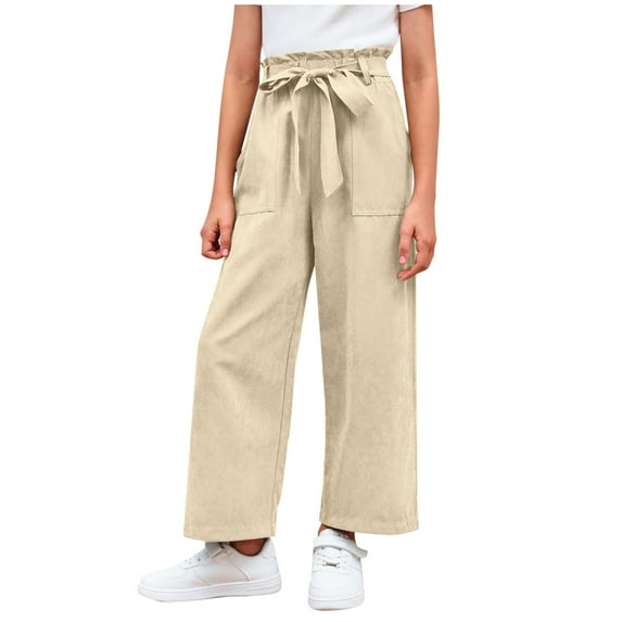 Ohufall Kids Long Pants for Girls 4-12 Years, Fashion Solid Color Casual Stretchy High Waist Straight Leg Pants Teen Girls Loose Comfy Drawstring Trousers with Pockets