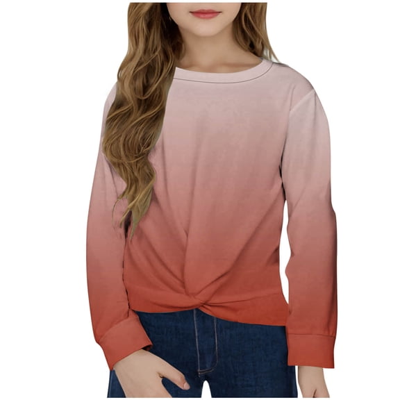 Ohufall Kids Long Sleeve Shirts for Girls 4-12 Years, Trendy Loose Comfy Twist Knot Front Pullover Tops Cute Gradient Printed Casual Crew Neck T-Shirts for Little Girls