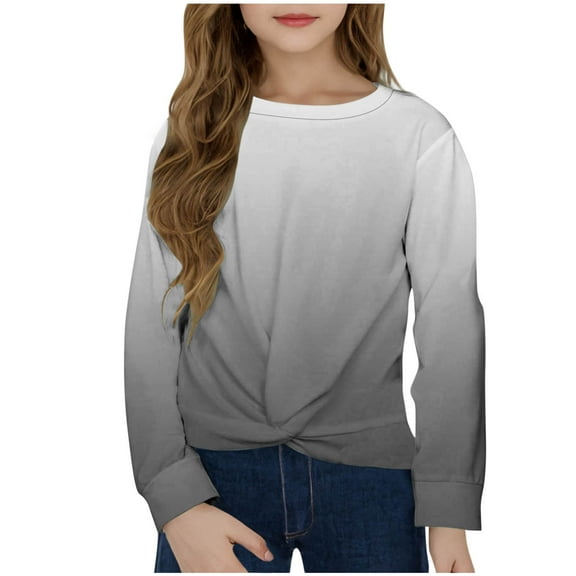Ohufall Kids Long Sleeve Shirts for Girls 4-12 Years, Trendy Loose Comfy Twist Knot Front Pullover Tops Cute Gradient Printed Casual Crew Neck T-Shirts for Little Girls
