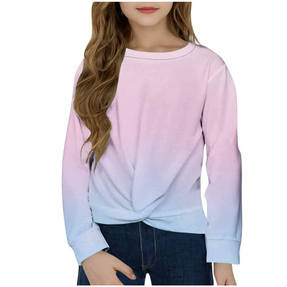 Ohufall Kids Long Sleeve Shirts for Girls 4-12 Years, Trendy Loose Comfy Twist Knot Front Pullover Tops Cute Gradient Printed Casual Crew Neck T-Shirts for Little Girls