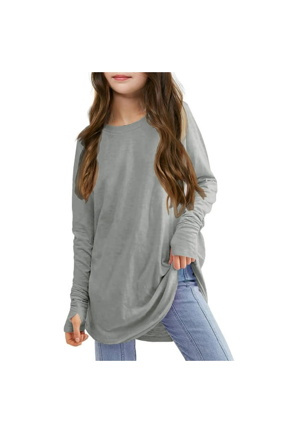 Kids Long Sleeve T-Shirts for Girls 3-14 Years, Cute Solid Causal Crew Neck Blouse with Thumbhole Teen Girls Stretch Loose Pullover Tunic Tops