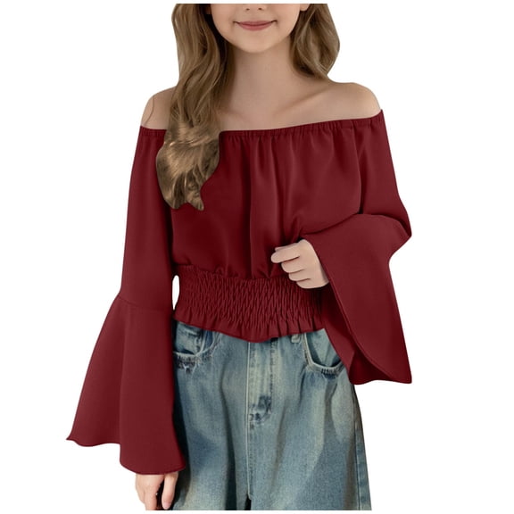 Ohufall Kids Off The Shoulder Blouses for Teen Girls 5-15 Years, Cute Solid Color Casual Long Sleeve Smocked Waist Shirts Fashion Elegant Ruffle Sleeve Crop Tops