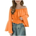 thumbnail image 1 of Ohufall Kids Off The Shoulder Blouses for Teen Girls 5-15 Years, Cute Solid Color Casual Long Sleeve Smocked Waist Shirts Fashion Elegant Ruffle Sleeve Crop Tops, 1 of 8