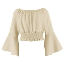 Ohufall Kids Off The Shoulder Blouses for Teen Girls 5-15 Years, Cute Solid Color Casual Long Sleeve Smocked Waist Shirts Fashion Elegant Ruffle Sleeve Crop Tops