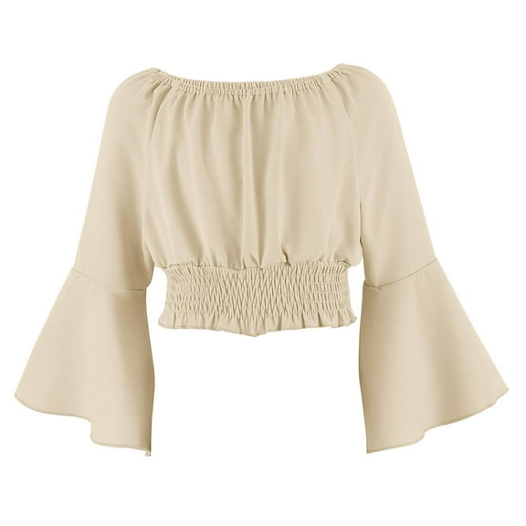 Ohufall Kids Off The Shoulder Blouses for Teen Girls 5-15 Years, Cute Solid Color Casual Long Sleeve Smocked Waist Shirts Fashion Elegant Ruffle Sleeve Crop Tops