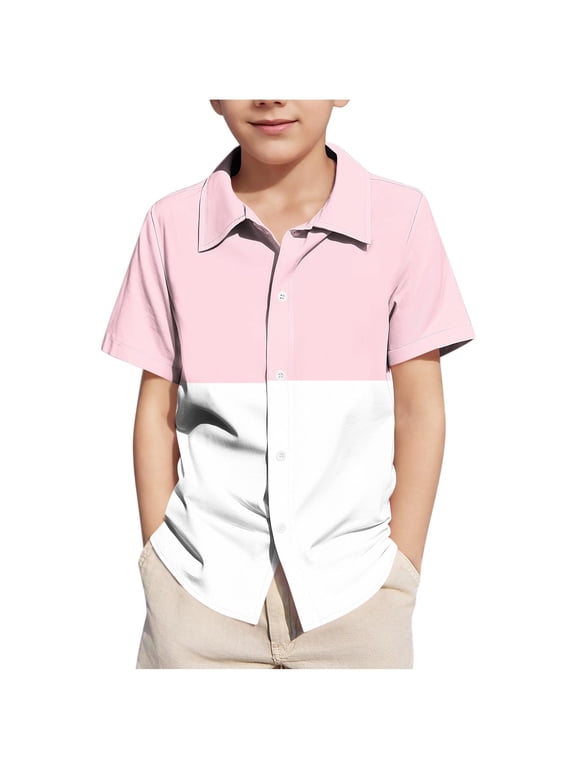 Kids T Shirts for Boys Fashion Casual Button Down Lapel Tee Tops Summer Colorblock Loose Short Sleeve Daily T-shirts for Teen Boys, 5-15 Years