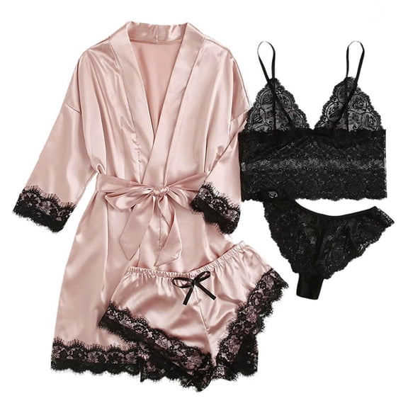 Ohufall Lingerie Women Lace Satin Wireless Bra Camisole Shorts Pajamas Robe Four Piece Set
