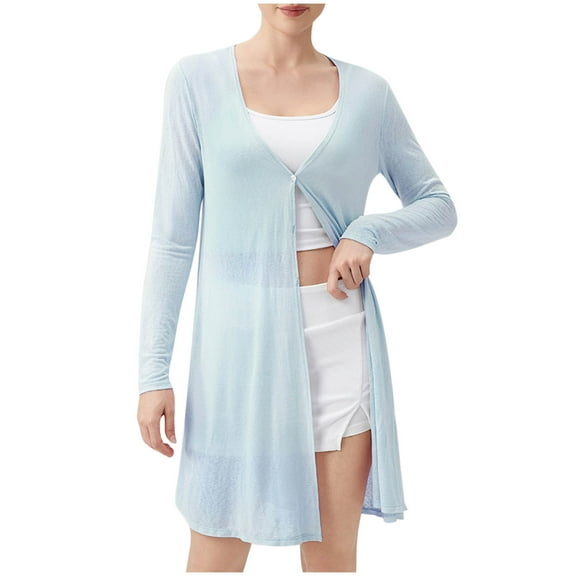 Ohufall Long Cardigans for Women Summer Comfy Breathable Long Sleeve Sheer Shrugs Fashion Solid Causal Button Front Gym Workout Blouse Tops for Women