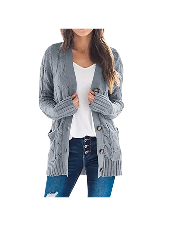 Long Sleeve Cardigans for Women Oversize Chunky Cable Knit Cardigan Open Front Button Down Sweaters Cardigan Coat with Pockets
