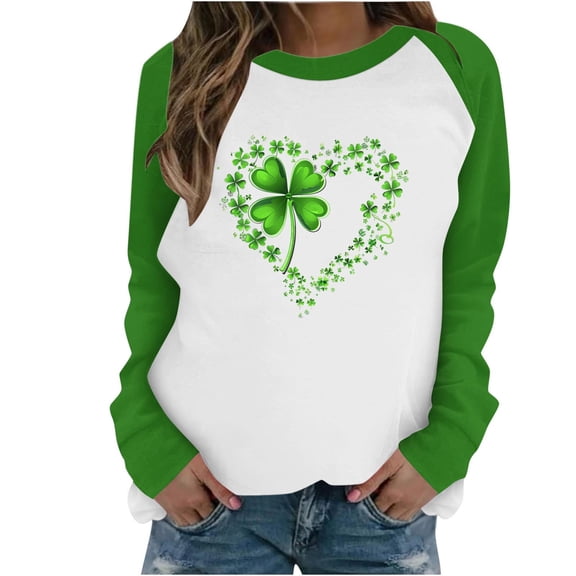 Ohufall Long Sleeve Shirts For Women, Spring Patchwork St. Patrick's Day Printed Round Neck Casual Loose Tee Pullover Women Tops