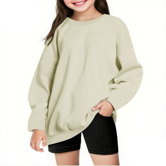 Ohufall Long Sleeve T-Shirts for Girls Boys 4-14 Years, Cute Solid Color Casual Pullover Tops Fall Winter Loose Comfy Crew Neck Blouses for Kids