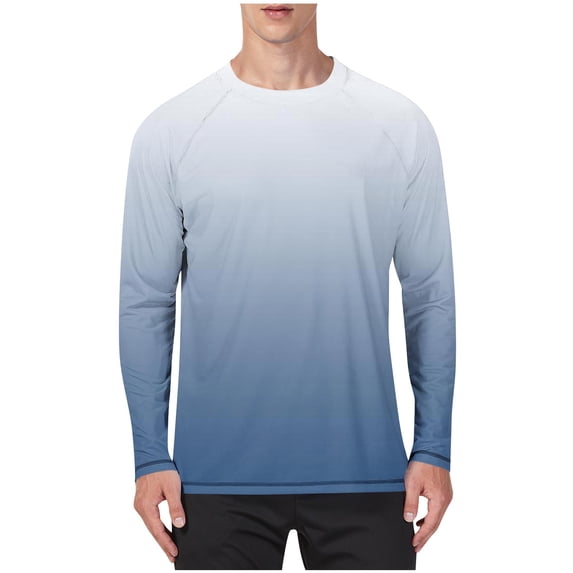 Ohufall Long Sleeves Shirts for Men Plus Size Summer Cool Breathable Ice Silk Beach Shirts Fashion Pullover Gradient Printed Round Neck Shirts