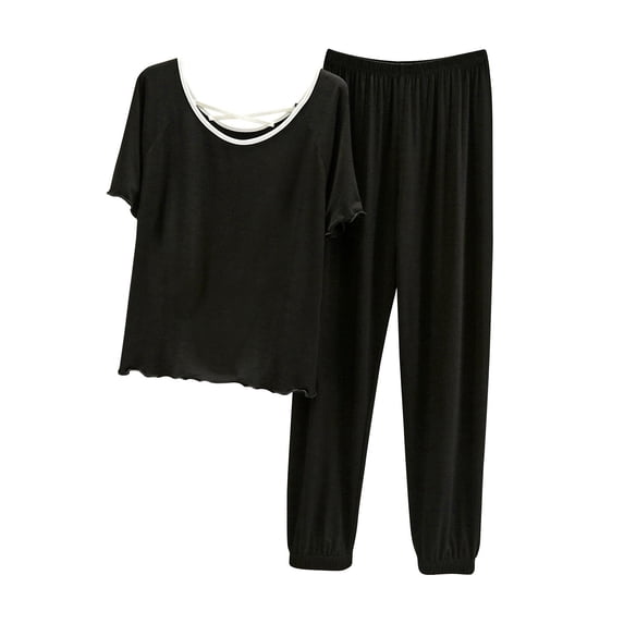 Ohufall Lounge Sets for Women Summer Two-Piece Modal Pajama Sets Solid Short Sleeve Crew Neck Tops with Pants Womens Soft Loose Backless Home Pj Sets