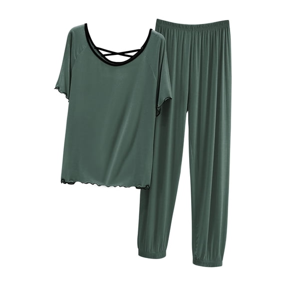 Ohufall Lounge Sets for Women Summer Two-Piece Modal Pajama Sets Solid Short Sleeve Crew Neck Tops with Pants Womens Soft Loose Backless Home Pj Sets