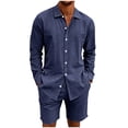 thumbnail image 1 of Ohufall Men 2 Piece Outfit Button Turndown Collared Loose Long-sleeve Shirt with Drawstring Elastic Waist Baggy Shorts Suit, 1 of 5
