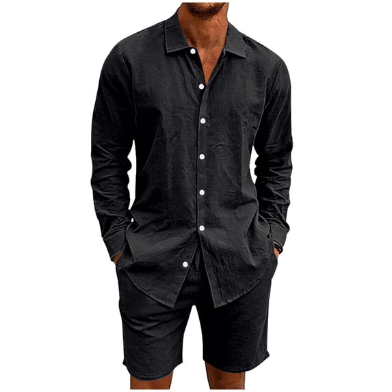 Ohufall Men 2 Piece Outfit Button Turndown Collared Loose Long-sleeve Shirt with Drawstring Elastic Waist Baggy Shorts Suit