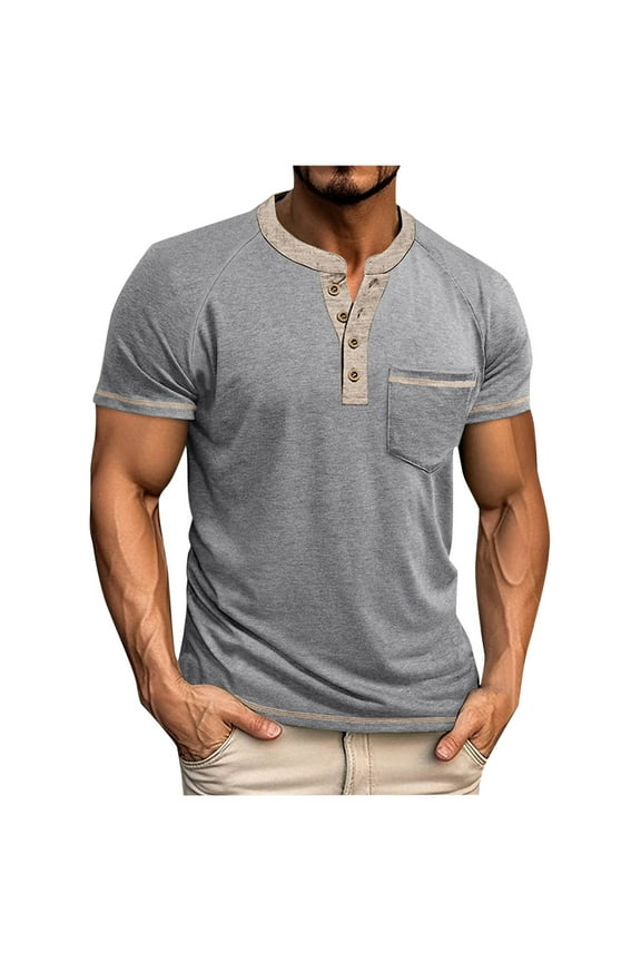 Men Henley Shirts Casual Short Sleeve Crew Neck Pullover Tops Summer Button Up T-Shirts with Pocket